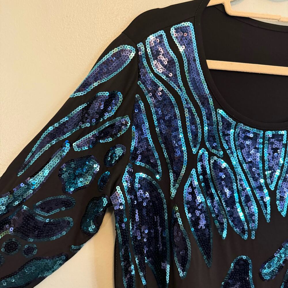 Joan Boyce Blouse Womens XL Black Blue Sequin Embellished Evening Comfy Stretch - Picture 3 of 6